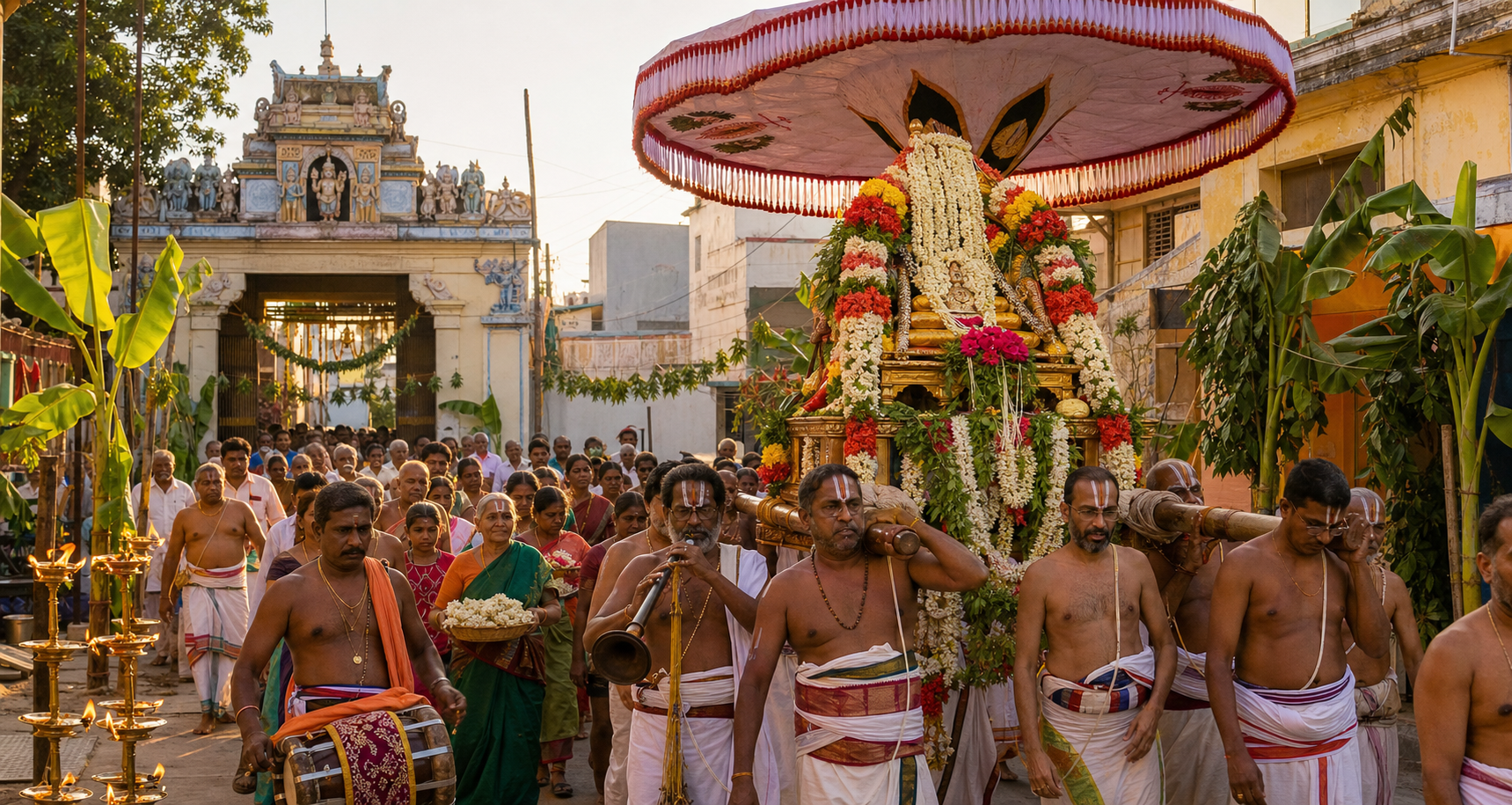 Priests, musicians, and devotees accompanying a flower-covered palanquin during a divine wedding festival on a street near the Uraiyur temple.