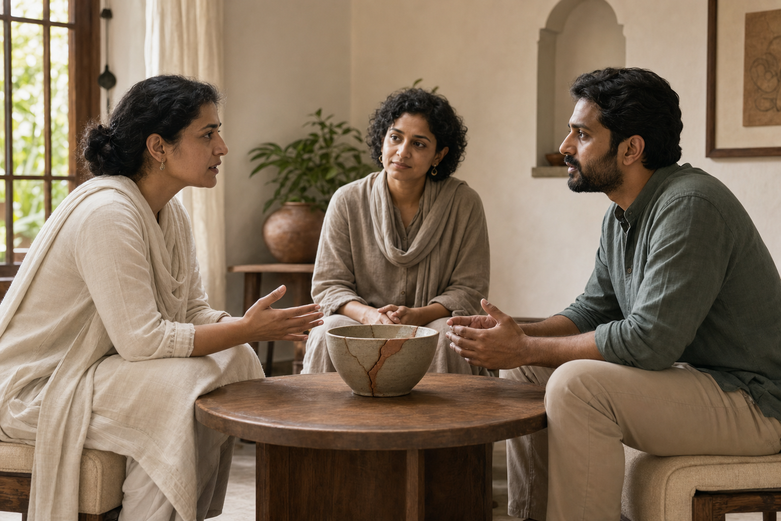 Two adults talk across a table holding a repaired ceramic bowl while a third person listens nearby.