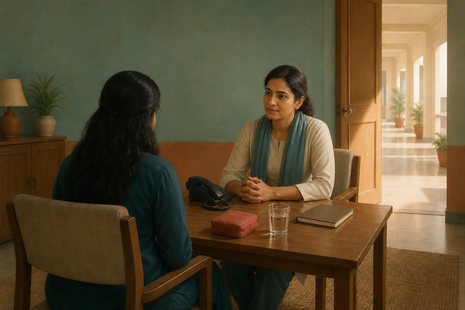 A support worker listens to an anonymous adult in a quiet assistance room with a telephone, water, first-aid pouch, and open door nearby.