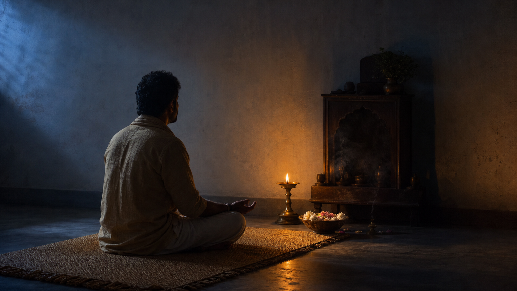 A devotee sits before a shadowed home shrine while a single brass oil lamp burns in the predawn darkness.
