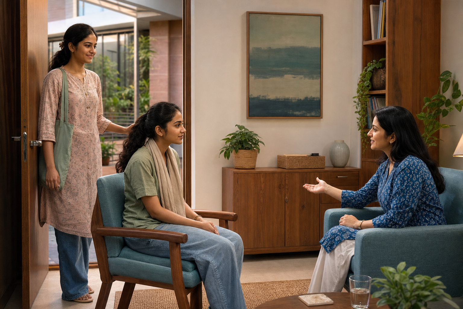 A friend accompanies an Indian college student into a wellness centre and stays while a counsellor welcomes the student.