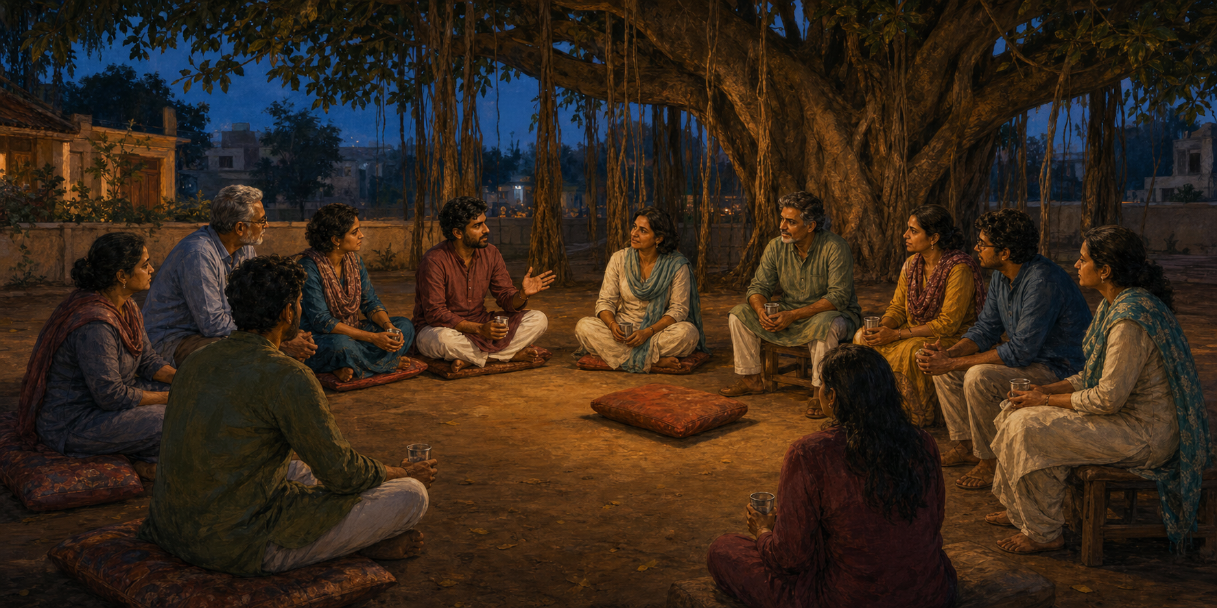 An intergenerational group sits in an attentive circle beneath a banyan tree with one empty place among them.