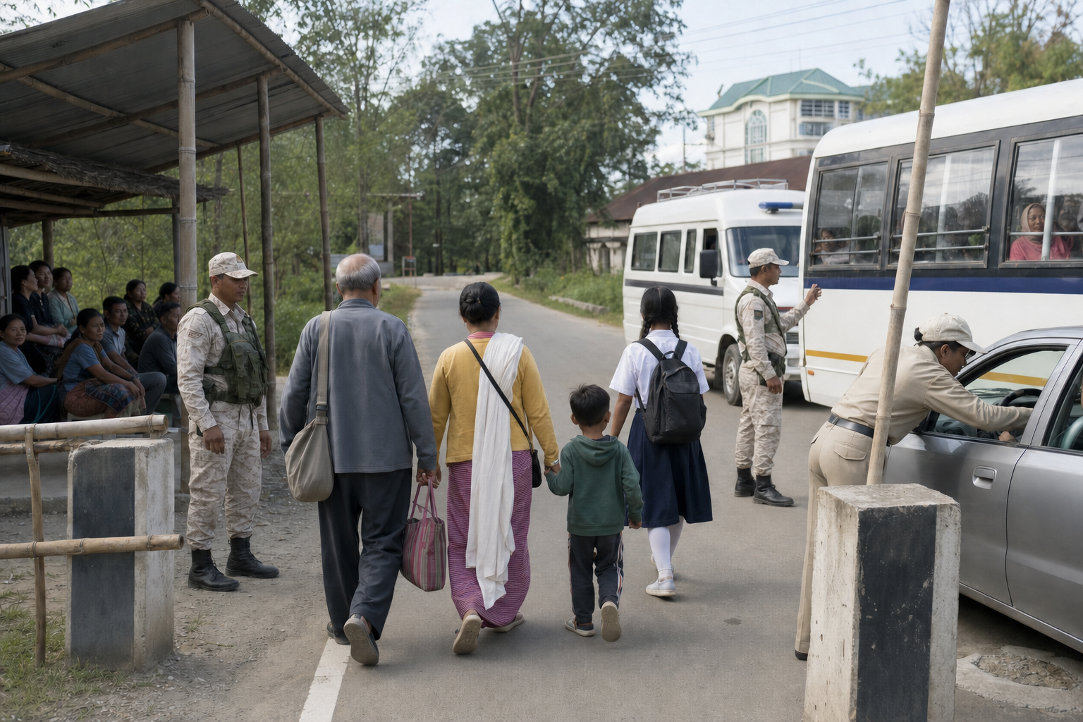 Civilians pass through an orderly checkpoint where neutral security personnel assist travelers and inspect vehicles.