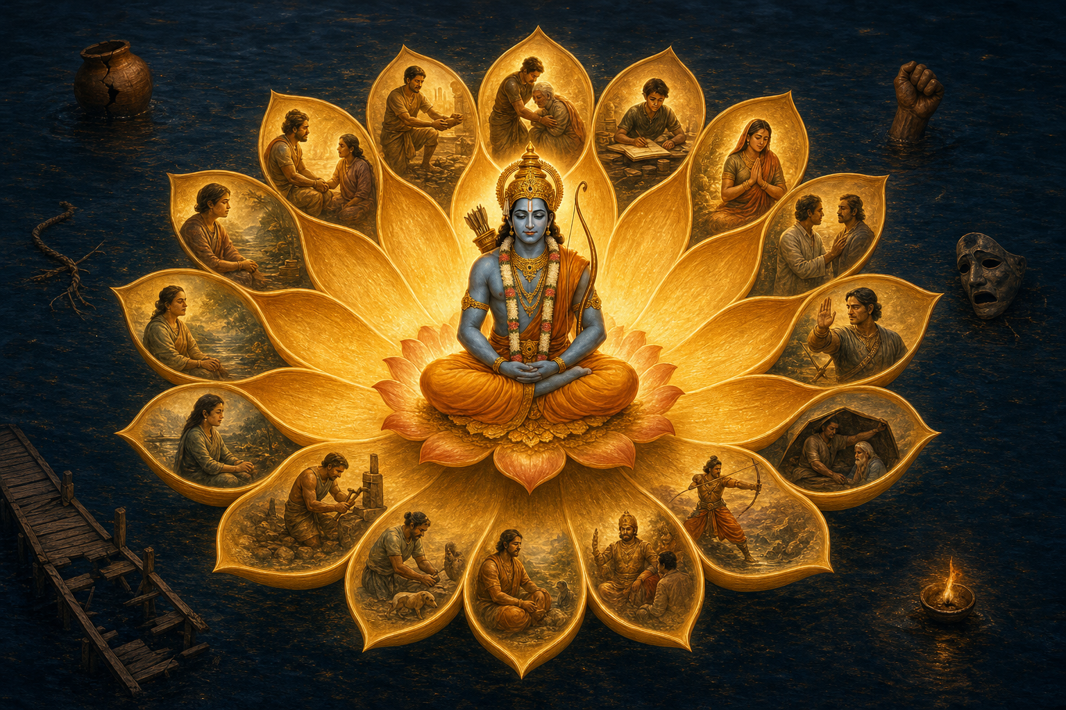 Rama sits at the center of a sixteen-petaled golden lotus whose petals contain small scenes of ethical conduct, while broken objects fade into dark water outside it.