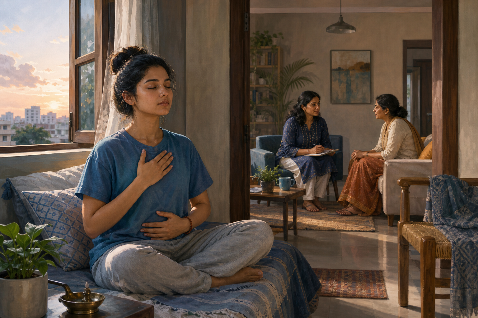 An Indian college student practices quiet breathing near a window while a counsellor and family member prepare to speak in the adjoining room.