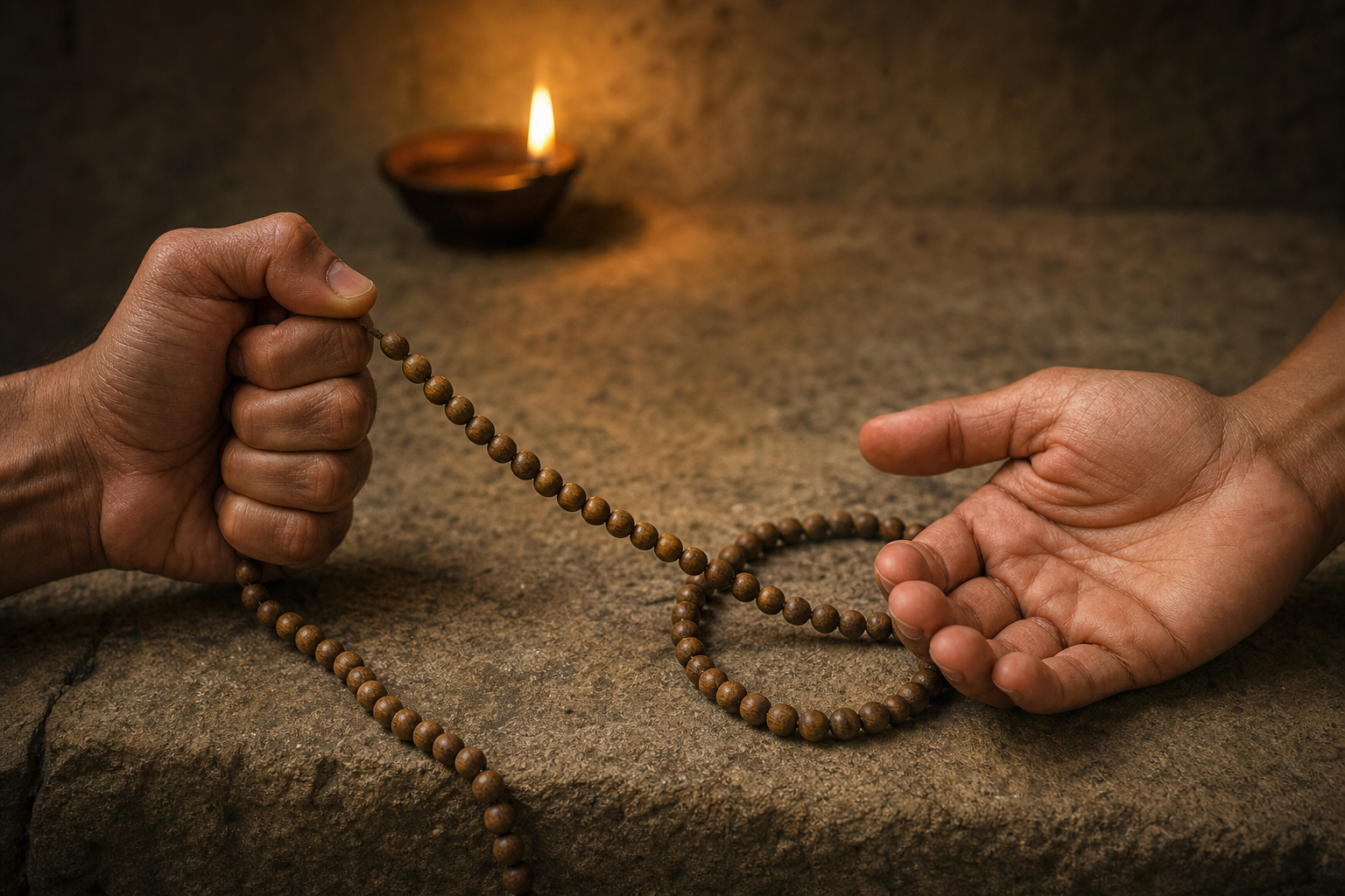 One hand grips wooden prayer beads tightly while an open hand rests beside the loose end of the strand.