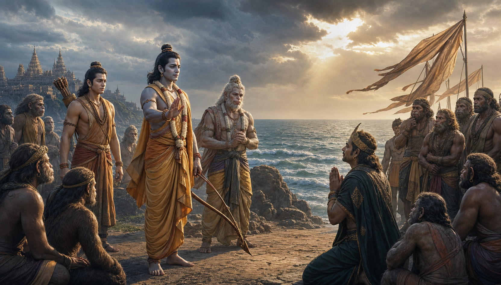 Rama raises an open hand toward Vibhishana at a seashore council as Lakshmana, Hanuman, and vanara leaders look on.