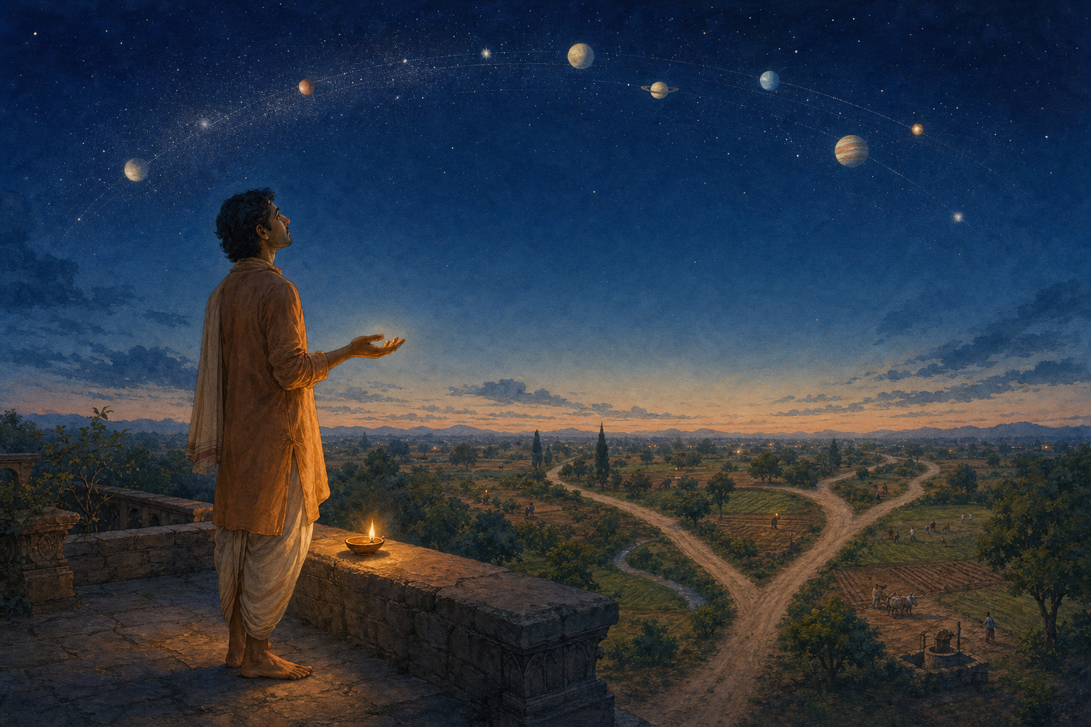 A person holding a small oil lamp pauses where several paths diverge beneath a night sky filled with planets and stars.