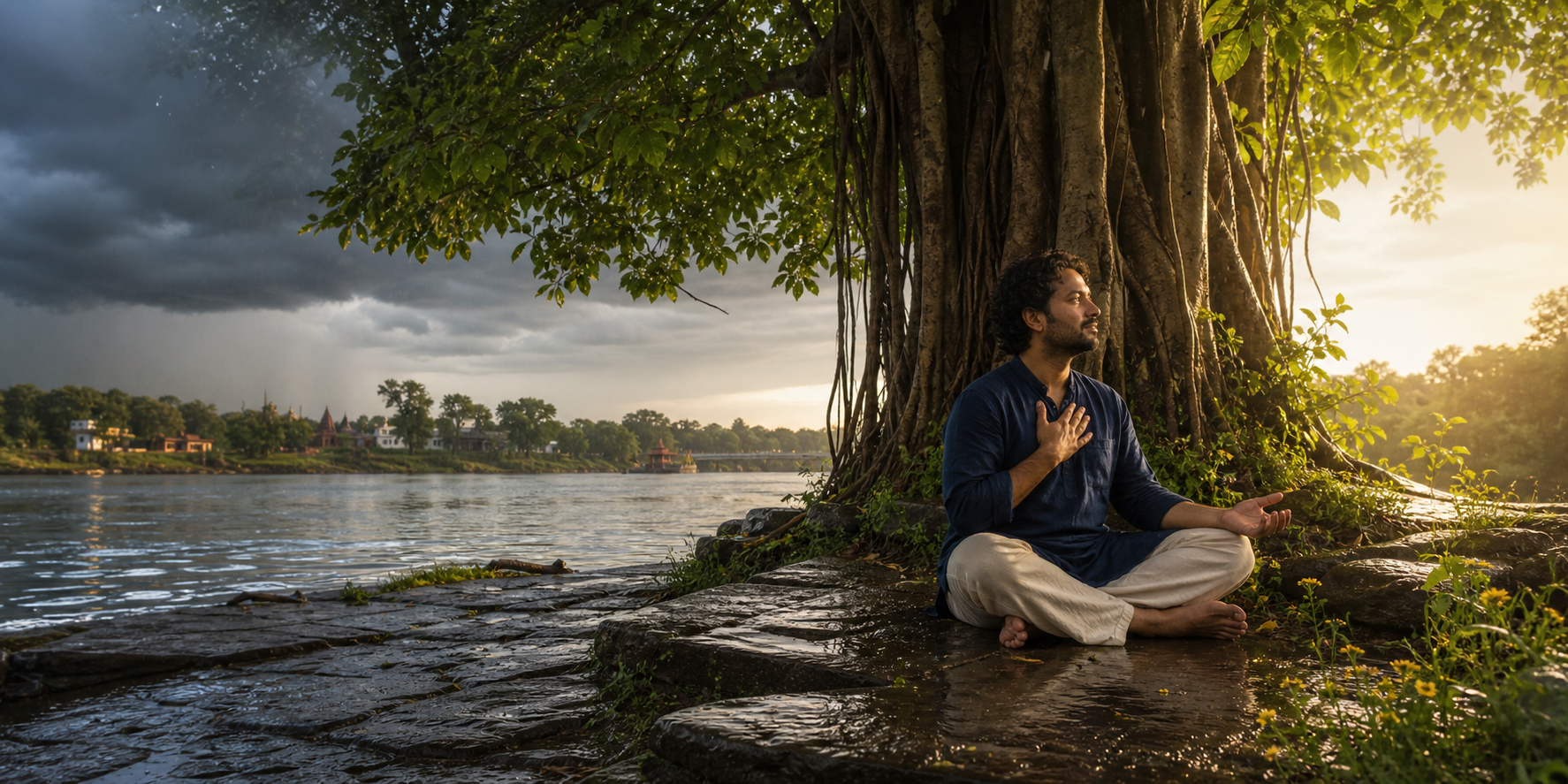 A person meditates beneath a banyan tree beside a river as rain clouds recede and warm sunlight illuminates the wet landscape.