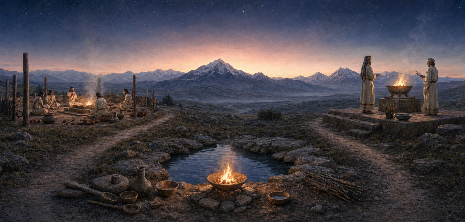 A predawn highland landscape with two paths leading from a shared spring and flame to separate Indo-Aryan and Iranian ritual settings.