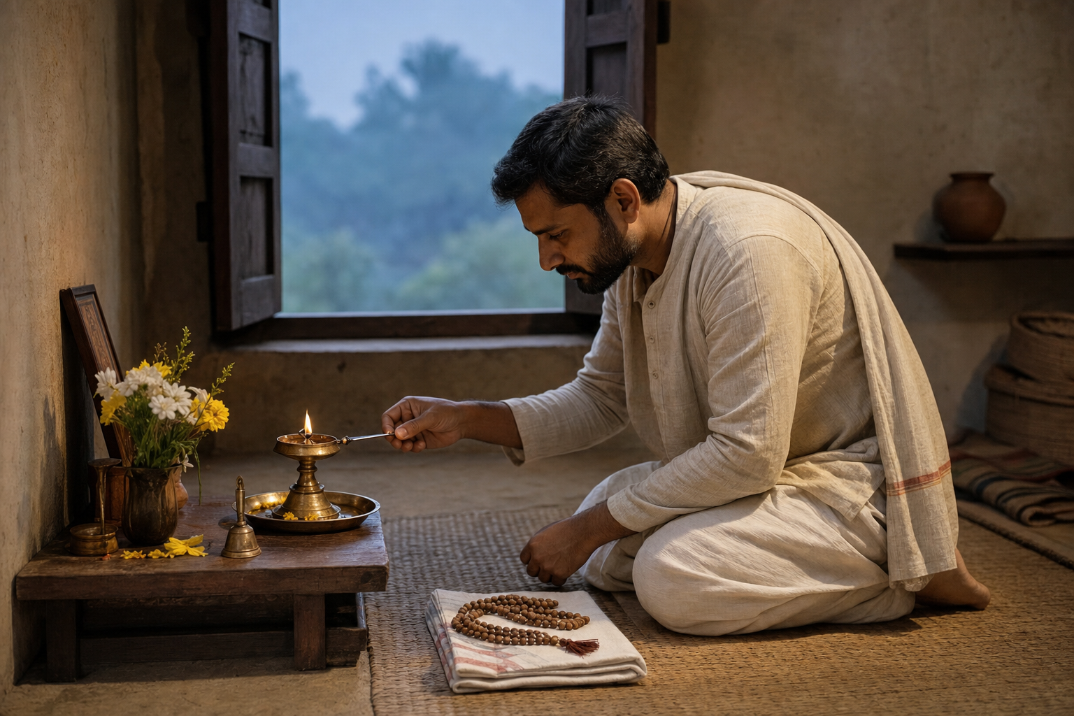A practitioner prepares a brass lamp, flowers, and wooden prayer beads at a modest prayer space in the early morning.