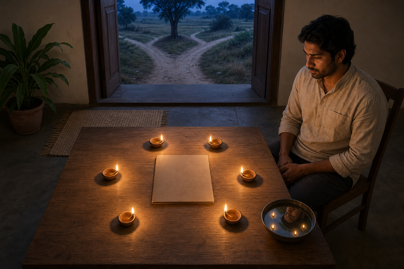 A person considers a blank closed folder surrounded by six oil lamps on a wooden table, with a branching path visible through an open doorway.