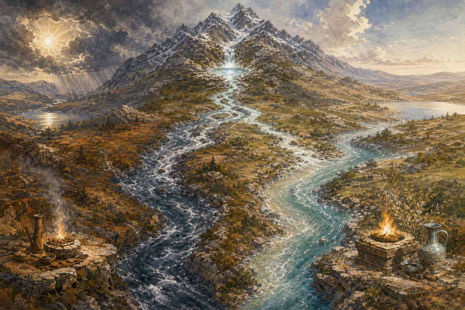 One mountain stream divides into two rivers bordered by different fire rituals and sacred objects.