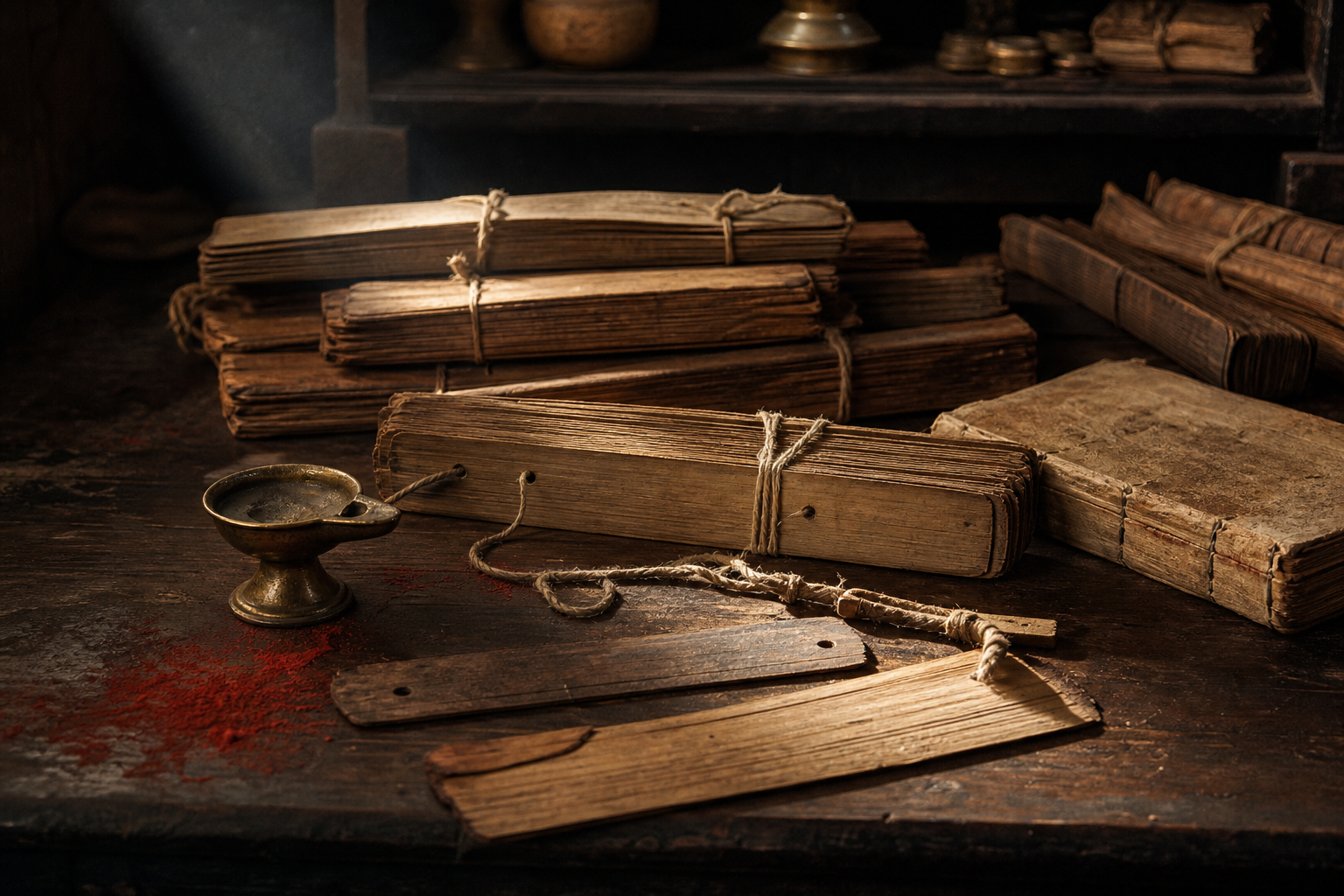Layered bundles of aged palm-leaf folios, manuscript fragments, and a stitched paper volume rest beside a bronze oil lamp on a dark wooden surface.