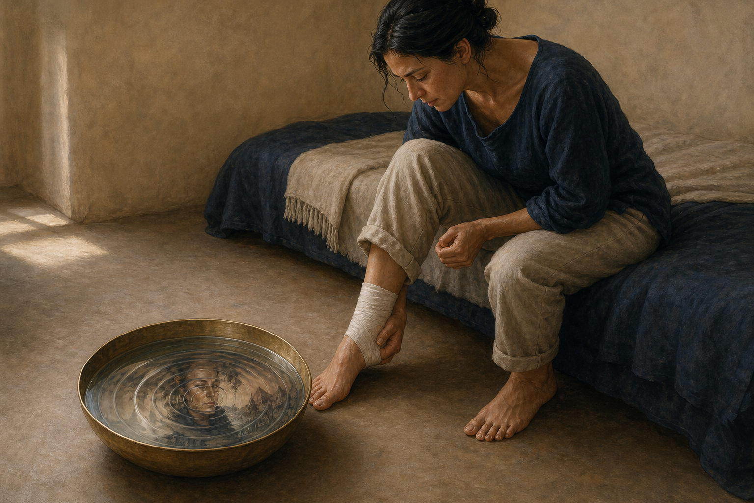 A seated person supports a bandaged ankle beside a brass bowl of water with concentric ripples and a distorted reflection.