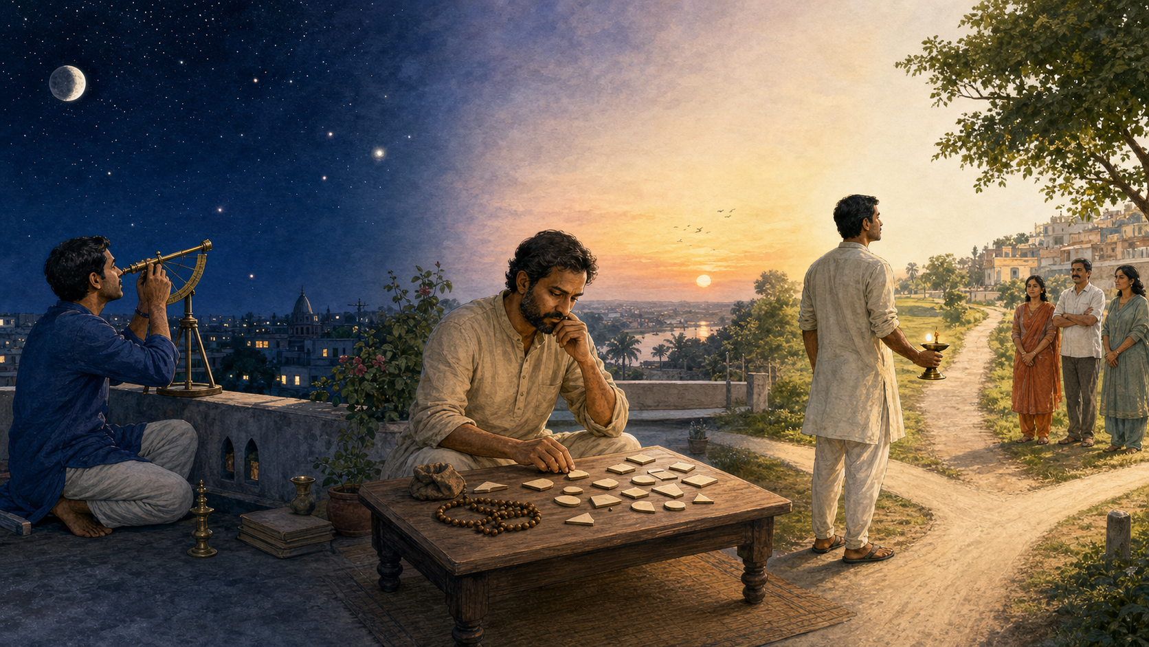A three-part scene shows an observer studying the night sky, a practitioner considering geometric pieces at a table, and a person choosing between two paths at dawn.