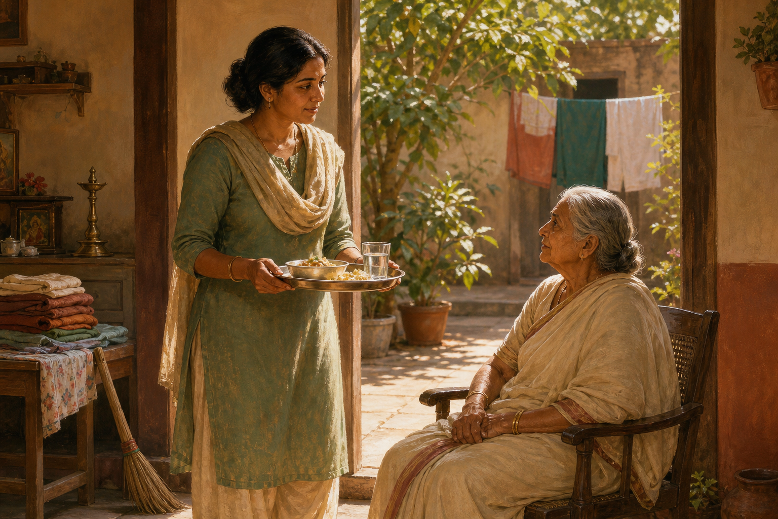 An adult brings food and water to an elderly person in a sunlit courtyard surrounded by ordinary household tasks.