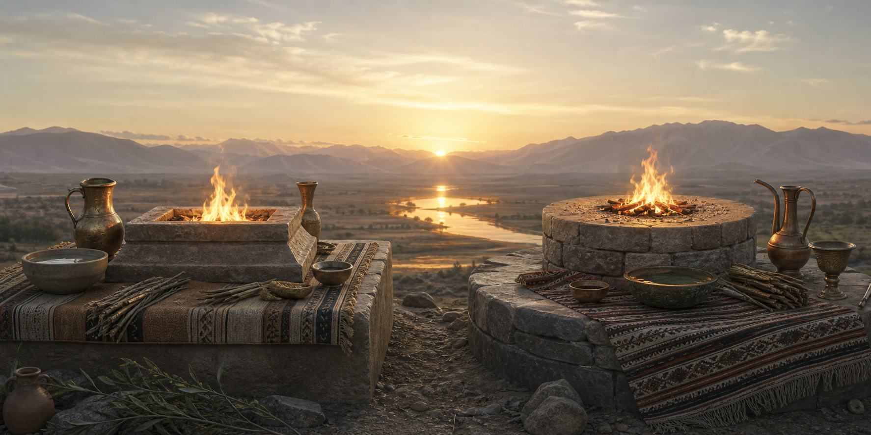 Two distinct ritual arrangements each contain a flame, water bowl, prepared twigs, and offering vessels beneath the same dawn sky.