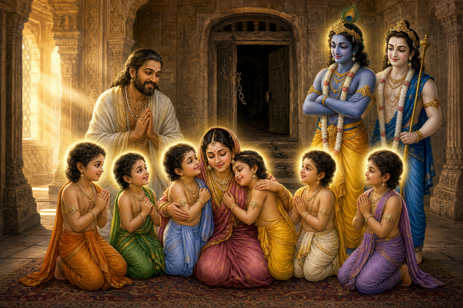 Devaki and Vasudeva embrace their six restored sons while Krishna and Balarama stand beside them in a softly illuminated Mathura chamber.