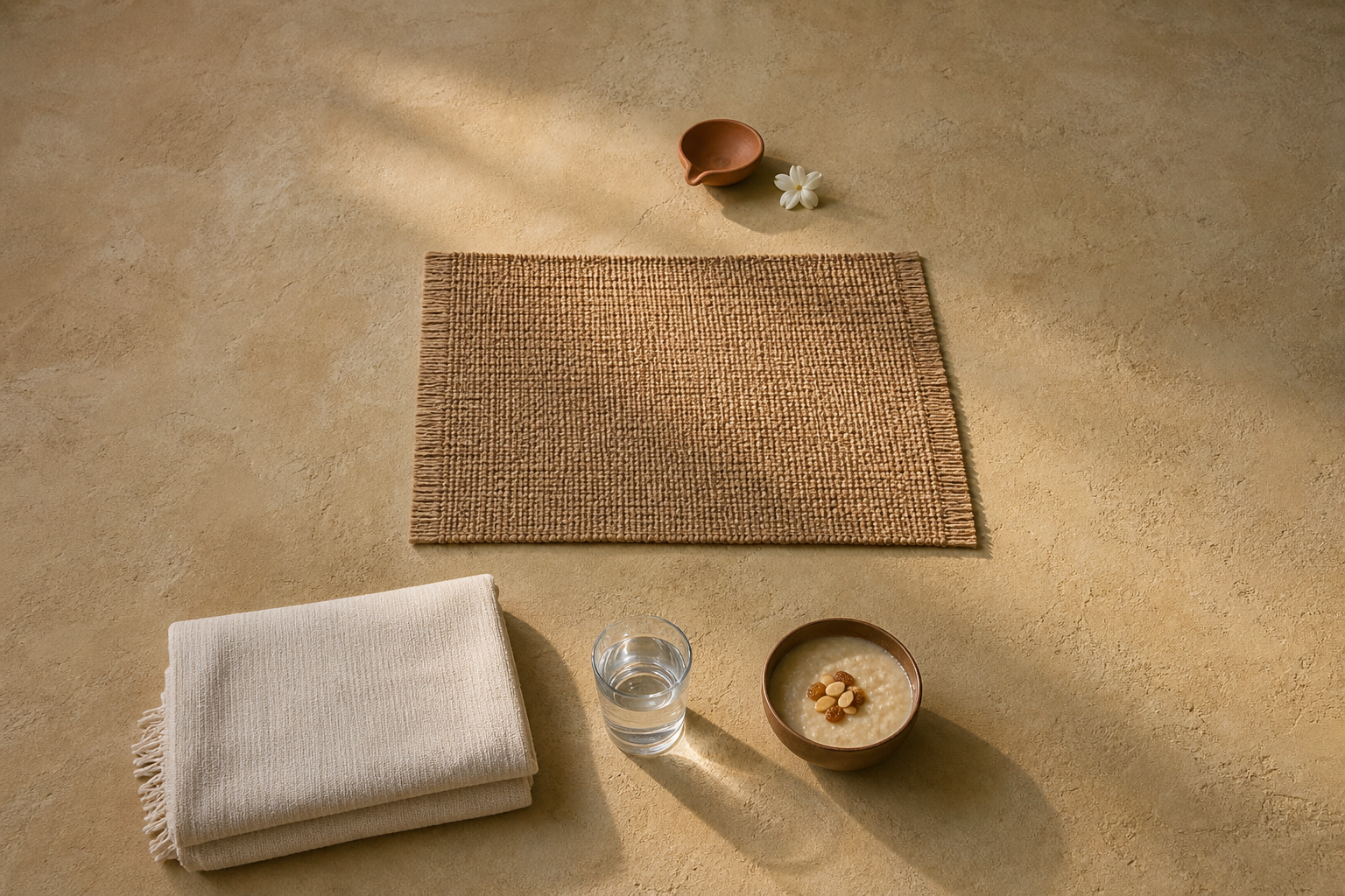A folded blanket, water cup, food bowl, meditation mat, clay lamp, and jasmine flower are arranged in a gentle progression on a warm floor.