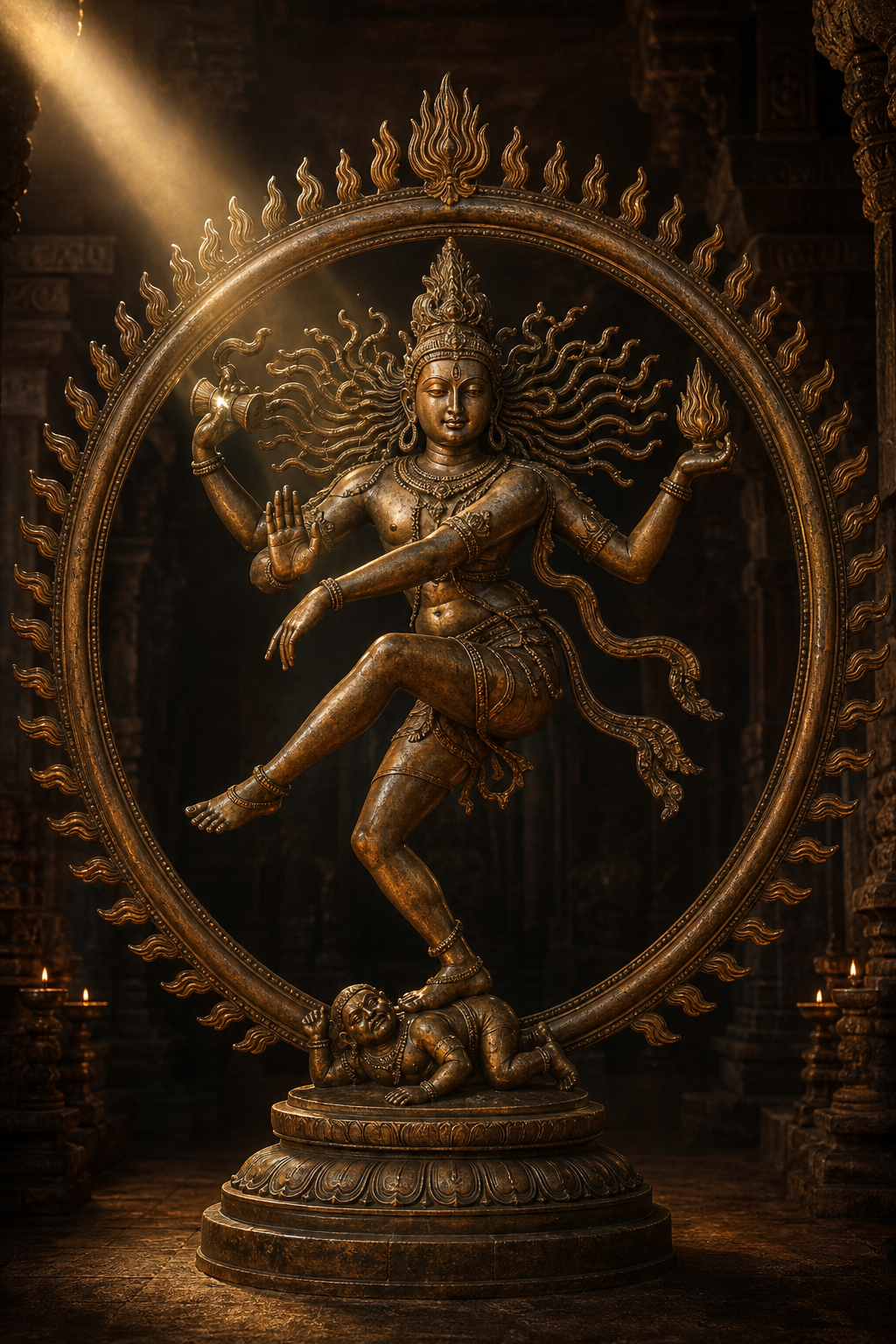 Bronze Nataraja figure dancing inside a ring of flames, holding a damaru and a flame while one hand offers fearlessness and one foot is raised.