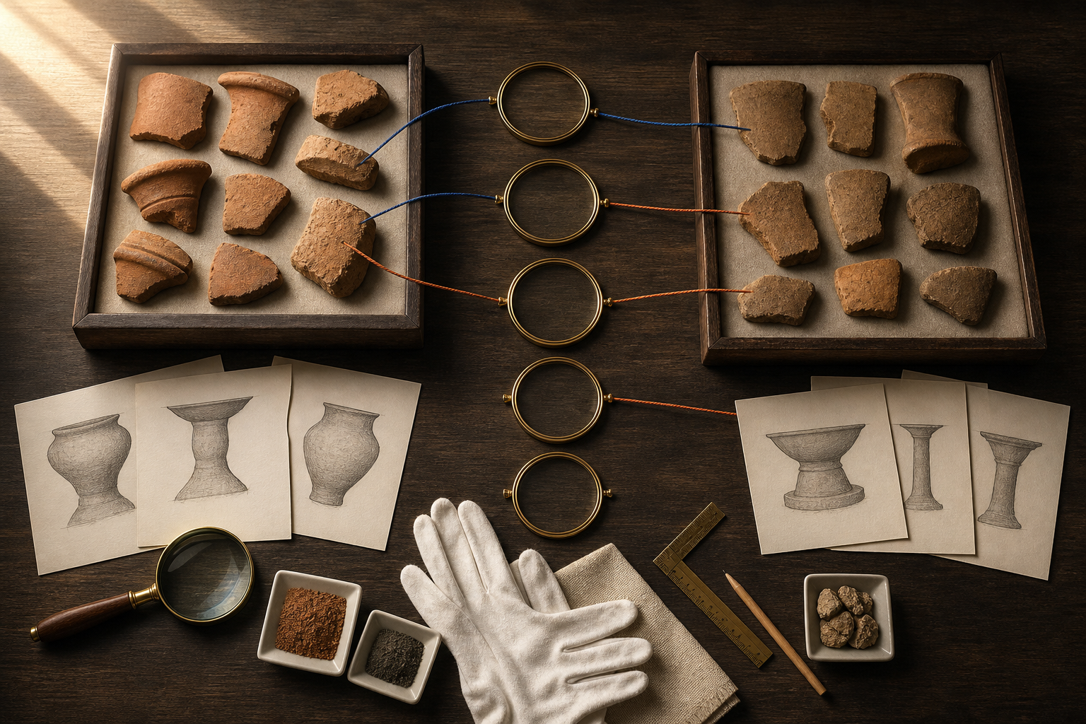 An overhead research table with separated artifact groups, measuring tools, five viewing frames, and cords linking selected comparisons.