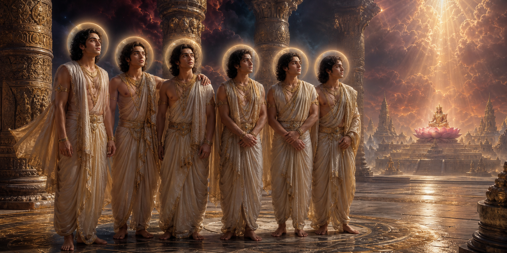 Six celestial brothers stand together in a solemn heavenly court as shadowed clouds and descending light suggest their passage into later births.