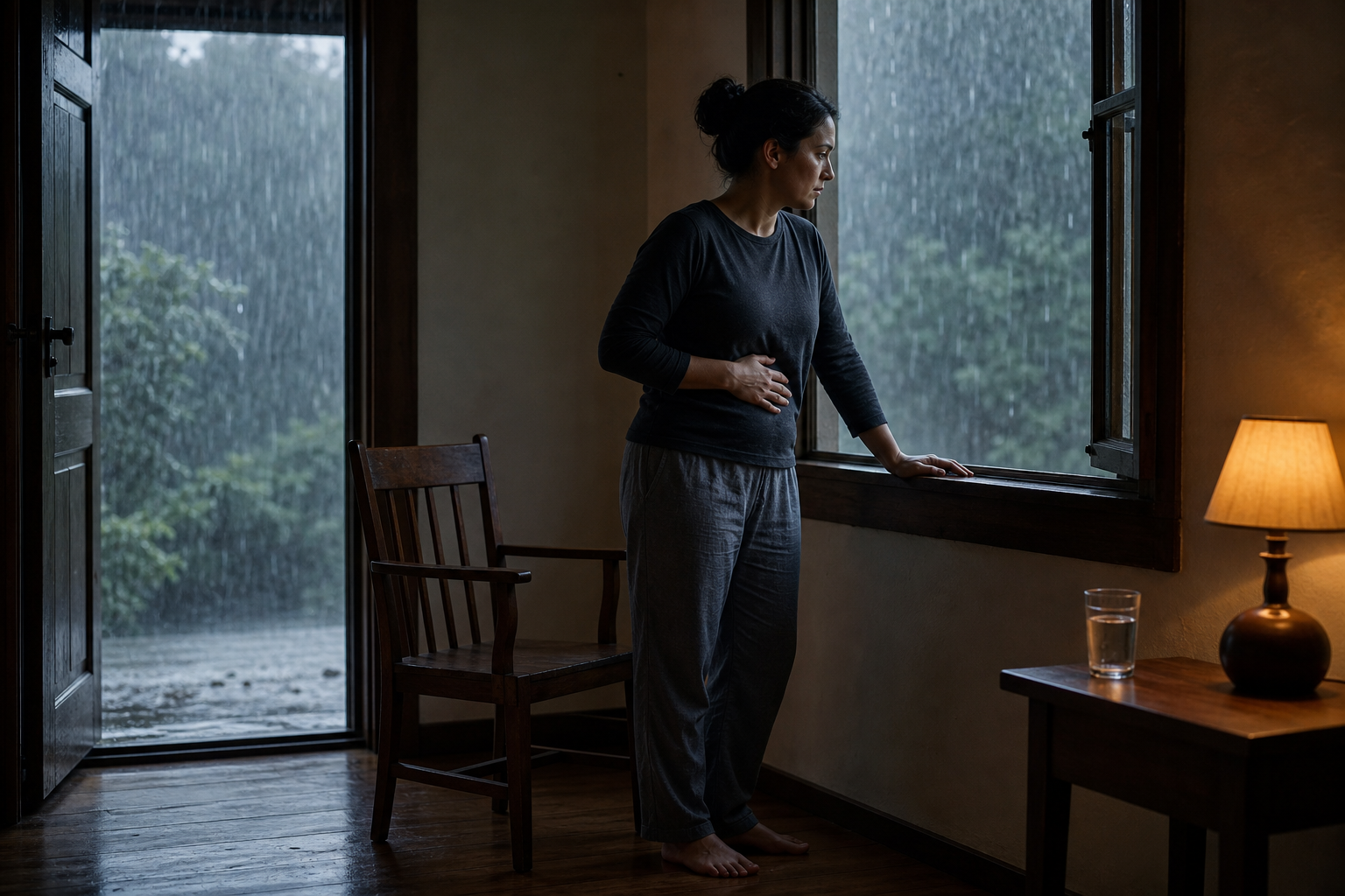 A barefoot person steadies themselves beside an open window during rain, with one hand on the sill and the other over the ribs.