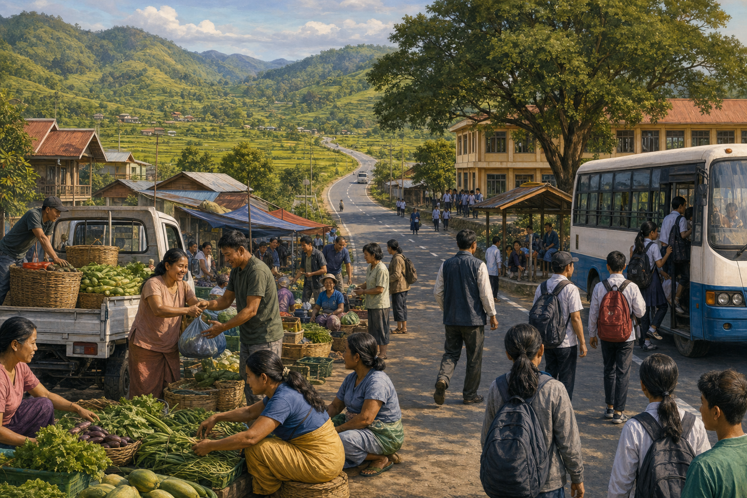 Farmers, shopkeepers, students and travelers share a market and transport stop linking a town with nearby hills and fields.