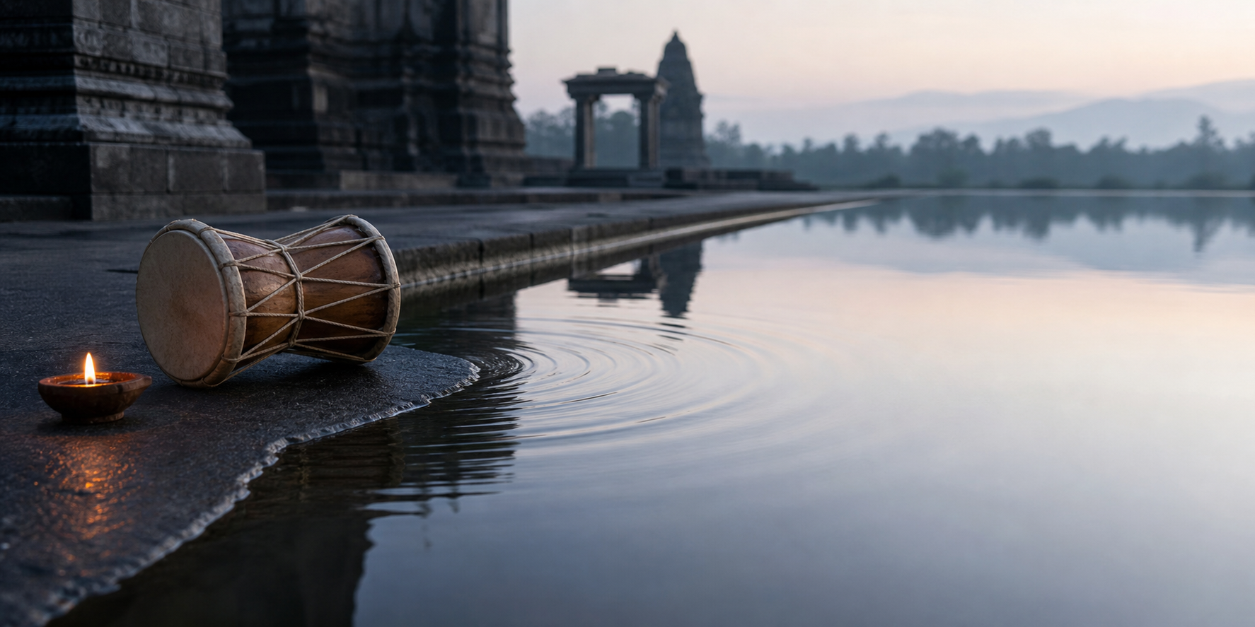 A wooden hourglass drum rests beside a reflecting pool where circular ripples gradually fade into still water.