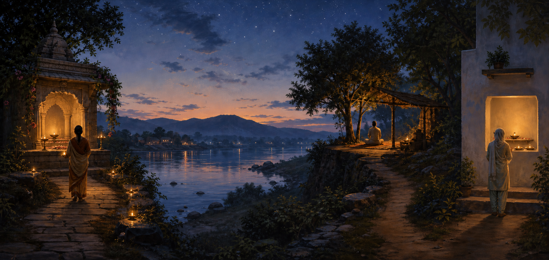 Several practitioners follow separate paths toward distinct devotional settings beside a river at twilight.