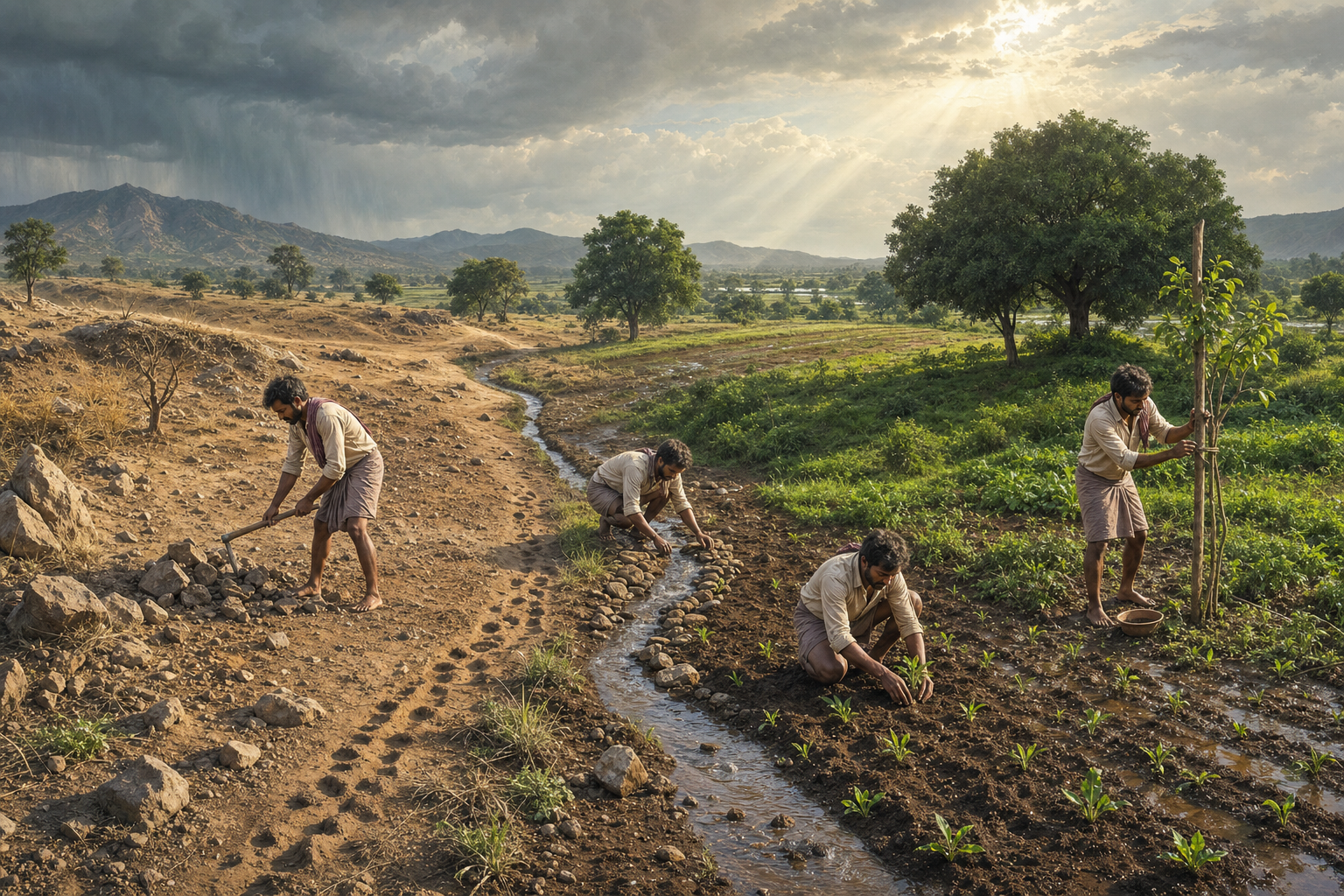 A gardener works across a field with rocky, dry, shaded, and fertile areas, clearing stones and tending young plants.