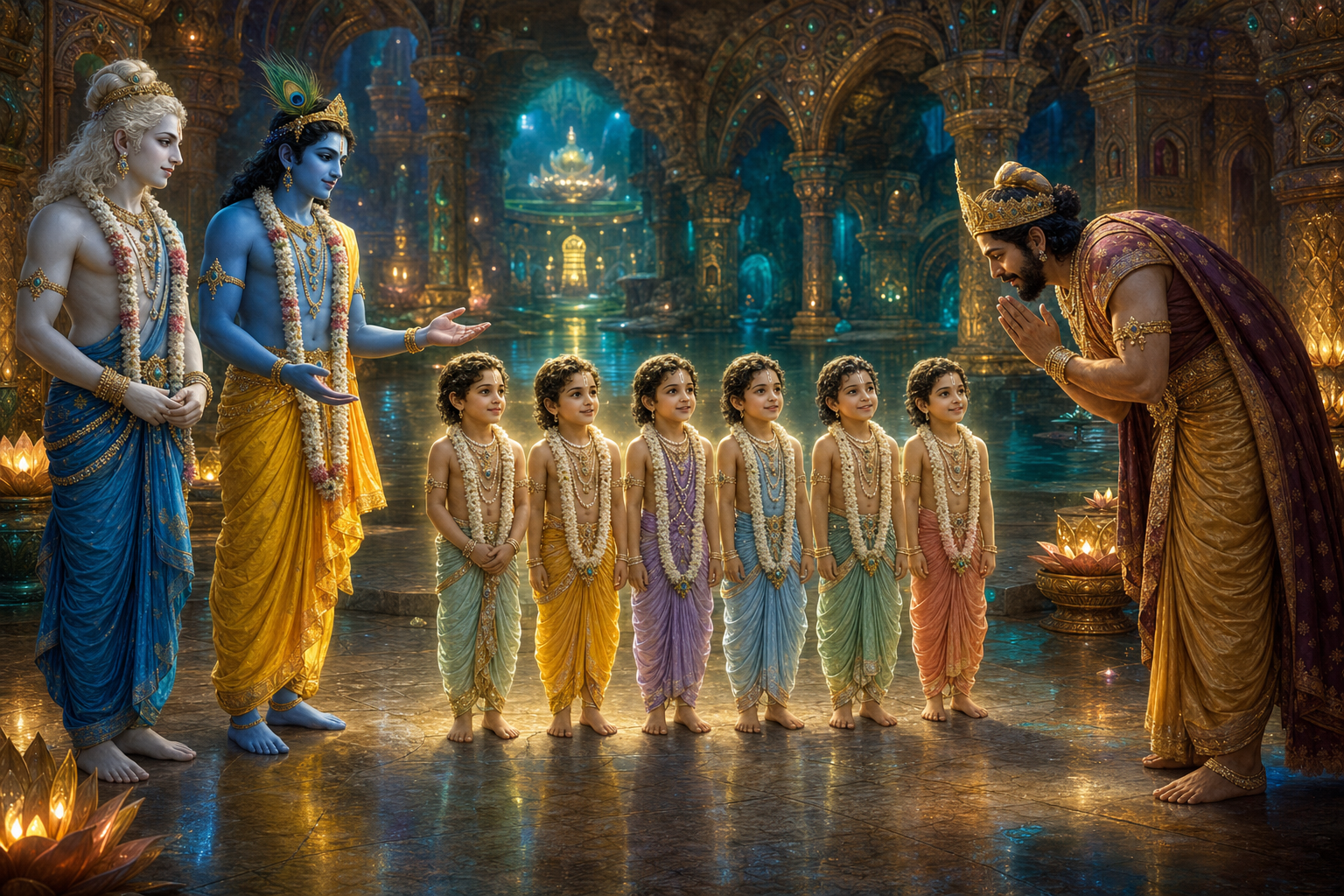 Krishna and Balarama receive Devaki's six sons from King Bali in the jeweled subterranean realm of Sutala.