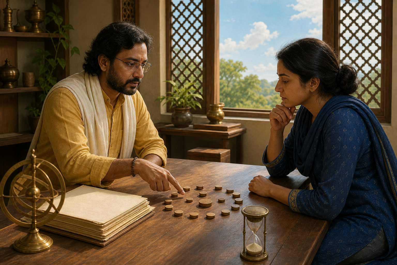 A practitioner and client examine wooden pieces and reference materials together during a consultation in a sunlit study.