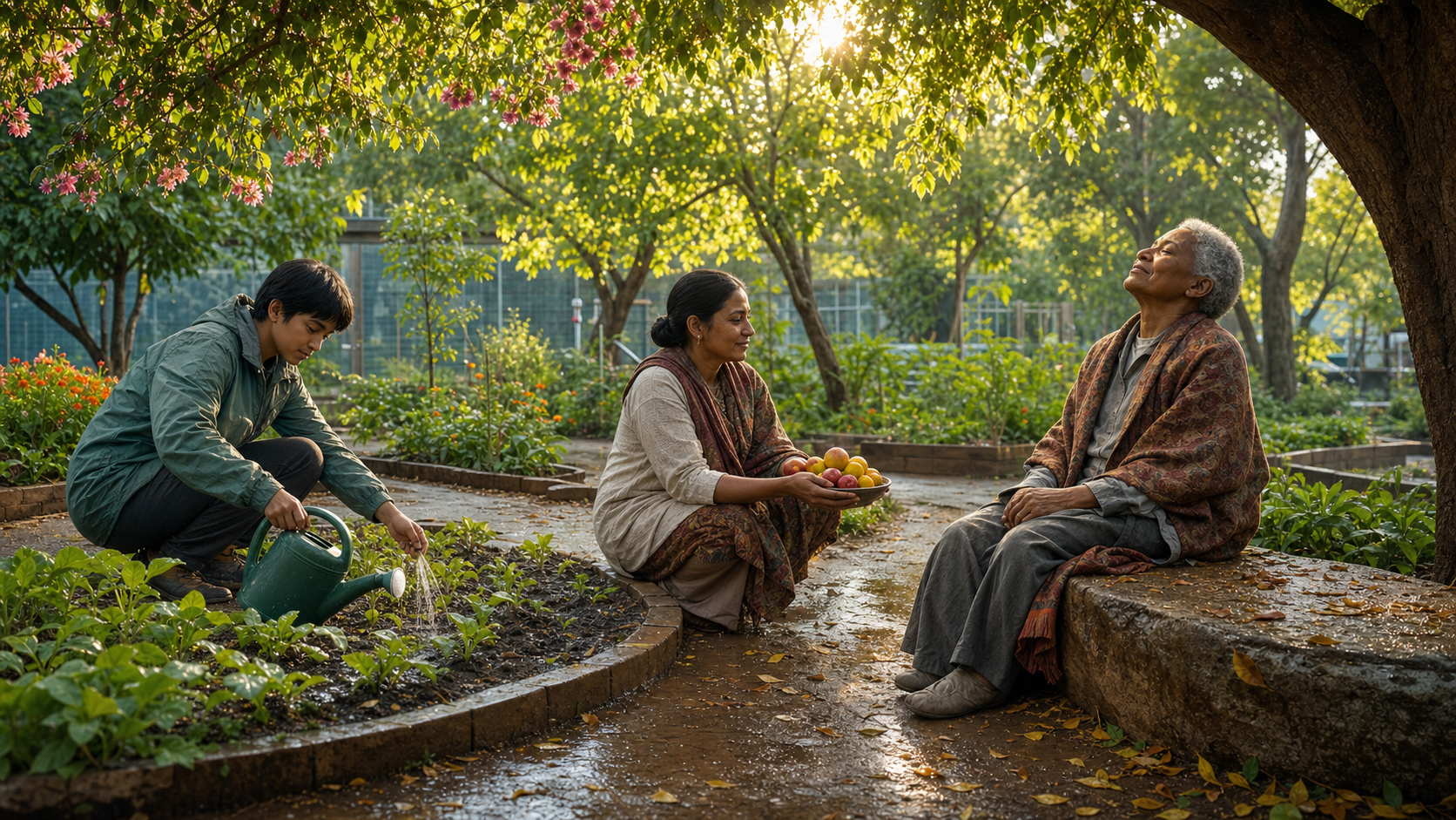 Three people tend plants, share fruit, and rest in a rain-fresh garden illuminated by warm morning sunlight.