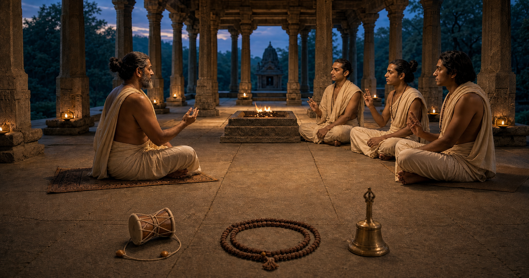 A teacher and three adult students sit in a stone pavilion near a ritual fire, with a damaru, prayer beads and brass bell arranged in the foreground.
