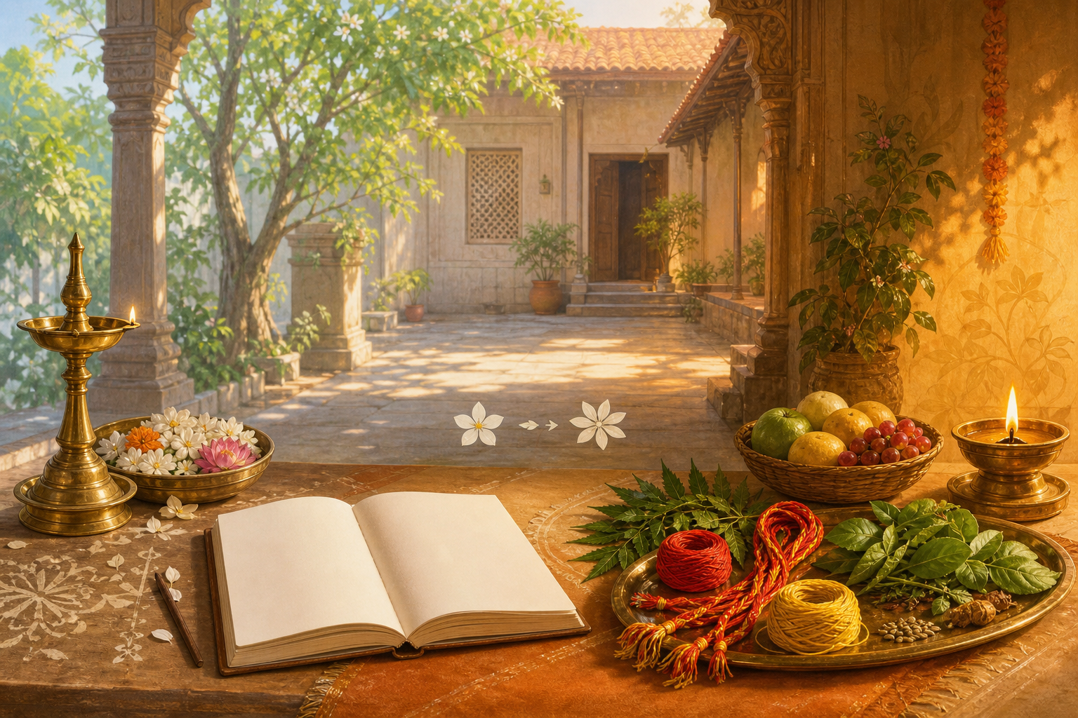 A sunlit Indian courtyard with a lamp, flowers, an open notebook, protective threads, medicinal leaves, and lotus-petal motifs representing a transition from morning study to afternoon well-being.