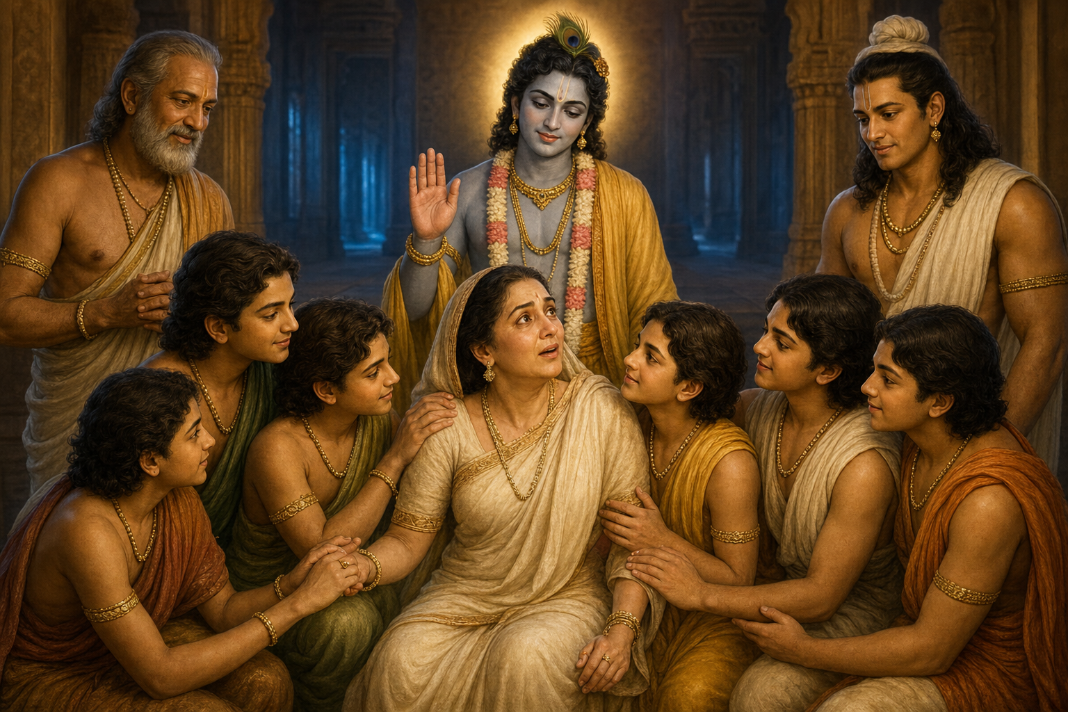 Devaki sits surrounded by her six restored sons as Krishna, Balarama and Vasudeva share the family reunion.