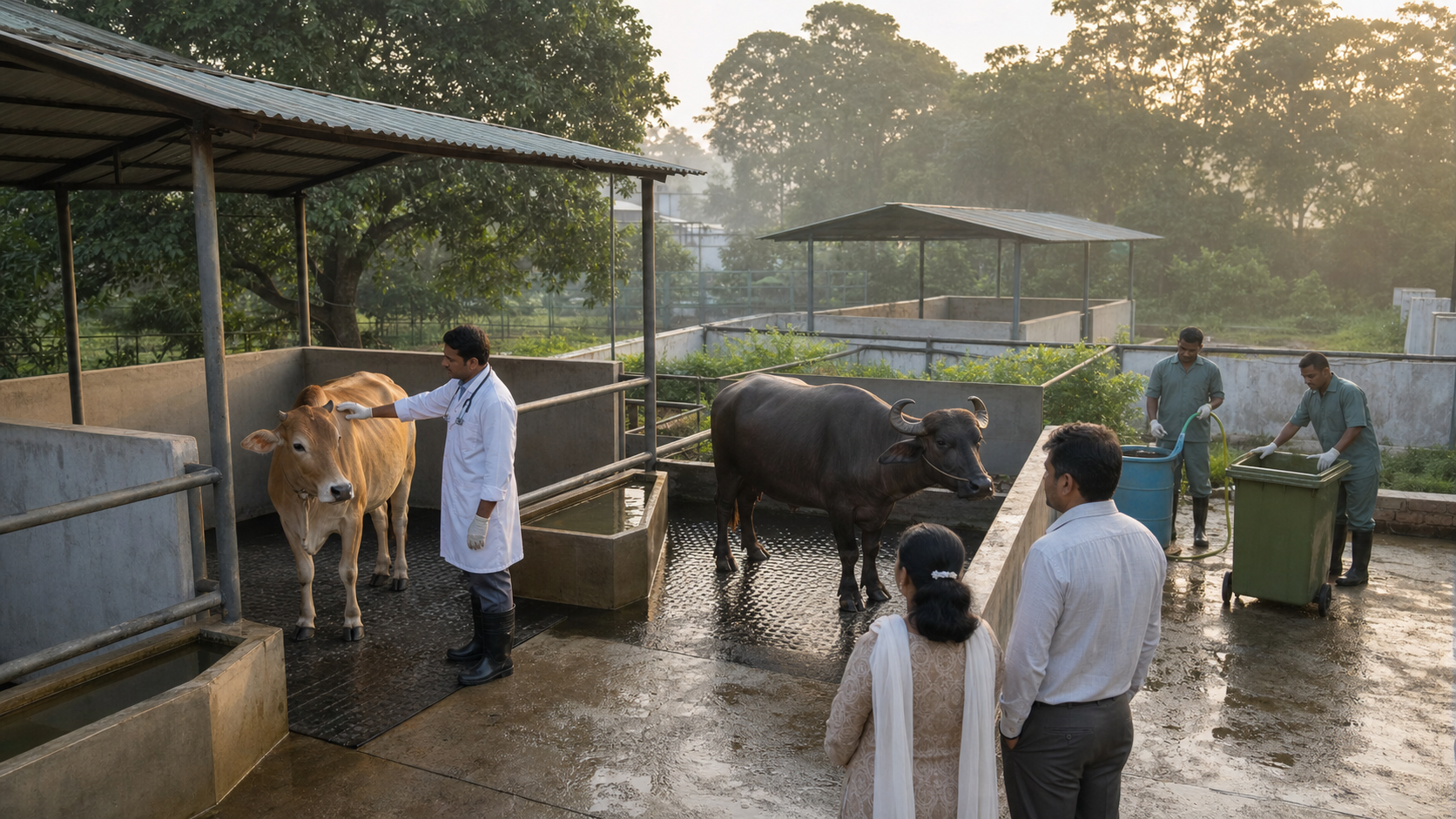 A veterinarian inspects a cow and a water buffalo in clean holding pens at a regulated West Bengal abattoir while sanitation workers prepare the facility.