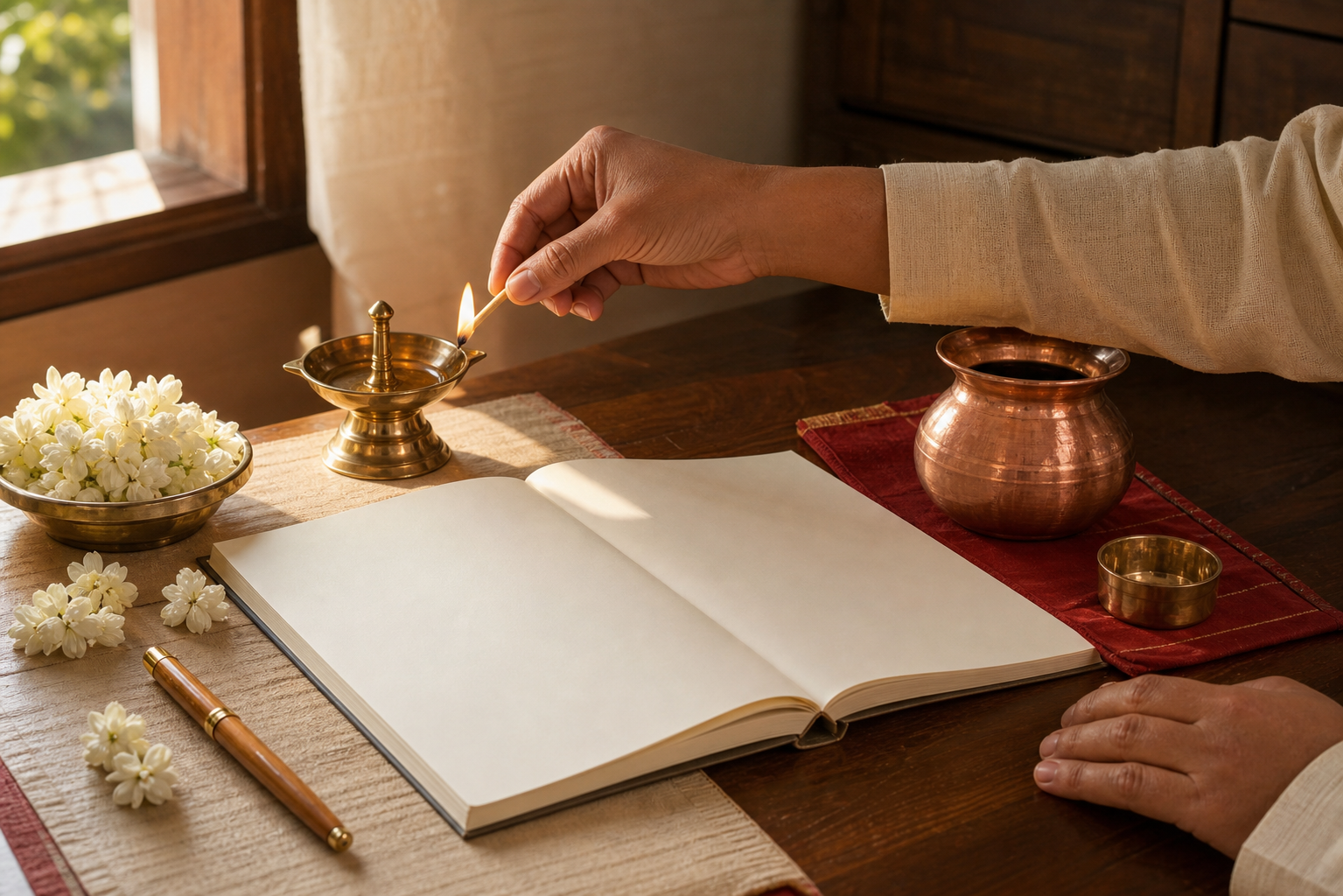 Hands lighting a brass oil lamp beside an open blank notebook, jasmine flowers, a wooden pen, and a copper water vessel in morning sunlight.