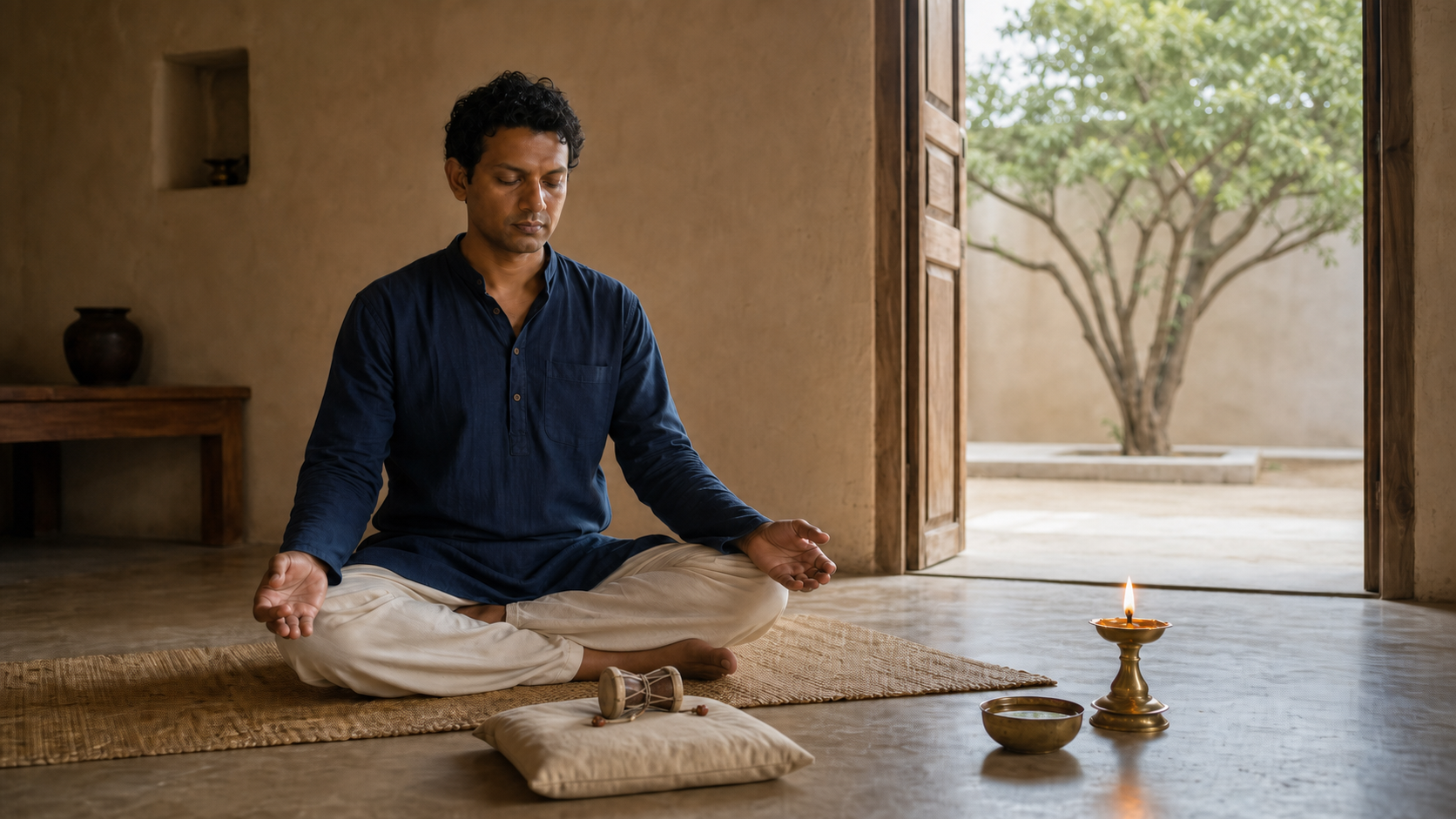 A seated practitioner listens quietly with hands resting on the knees while a small damaru lies on a cushion in front of them.