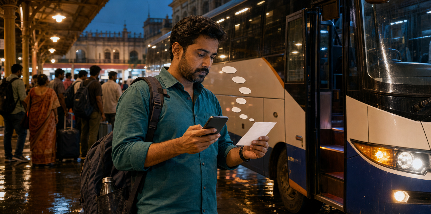 A traveller checks a smartphone and paper ticket beside a private intercity coach at a busy Maharashtra bus terminal while unlabeled fee tokens suggest added booking charges.
