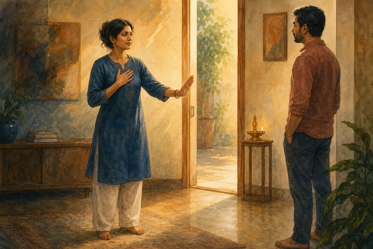 A grounded South Asian adult uses a calm open-palm gesture while speaking with another person in a softly lit home.