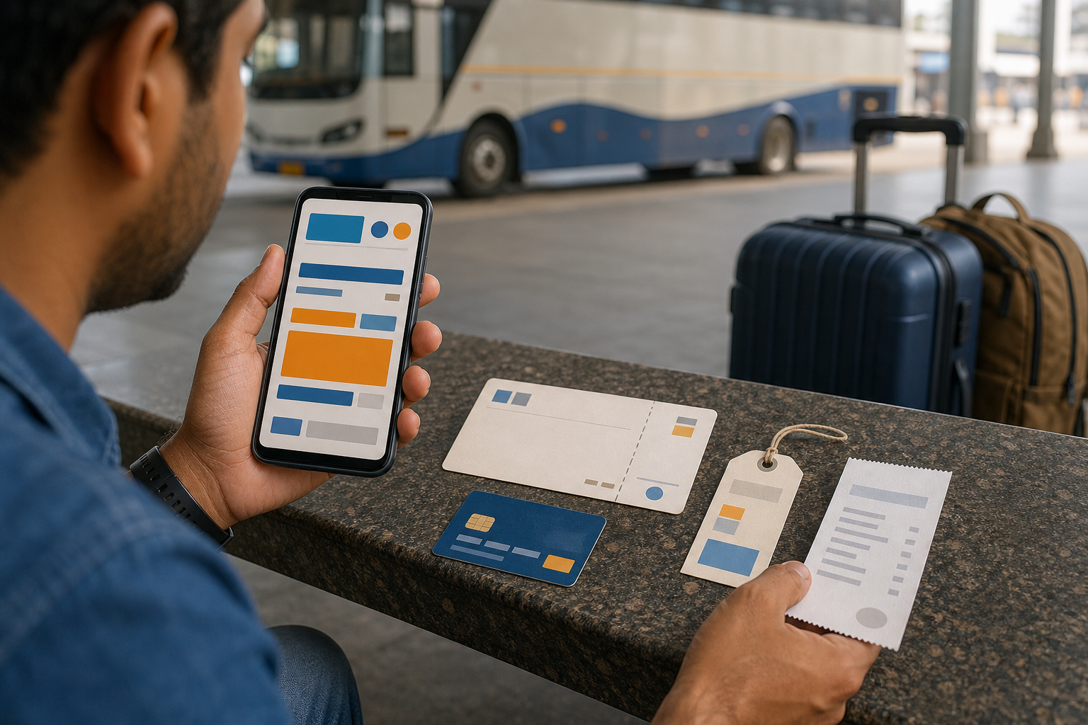 A passenger photographs a bus ticket, receipt, payment card, and baggage tag while a private coach waits in the background.