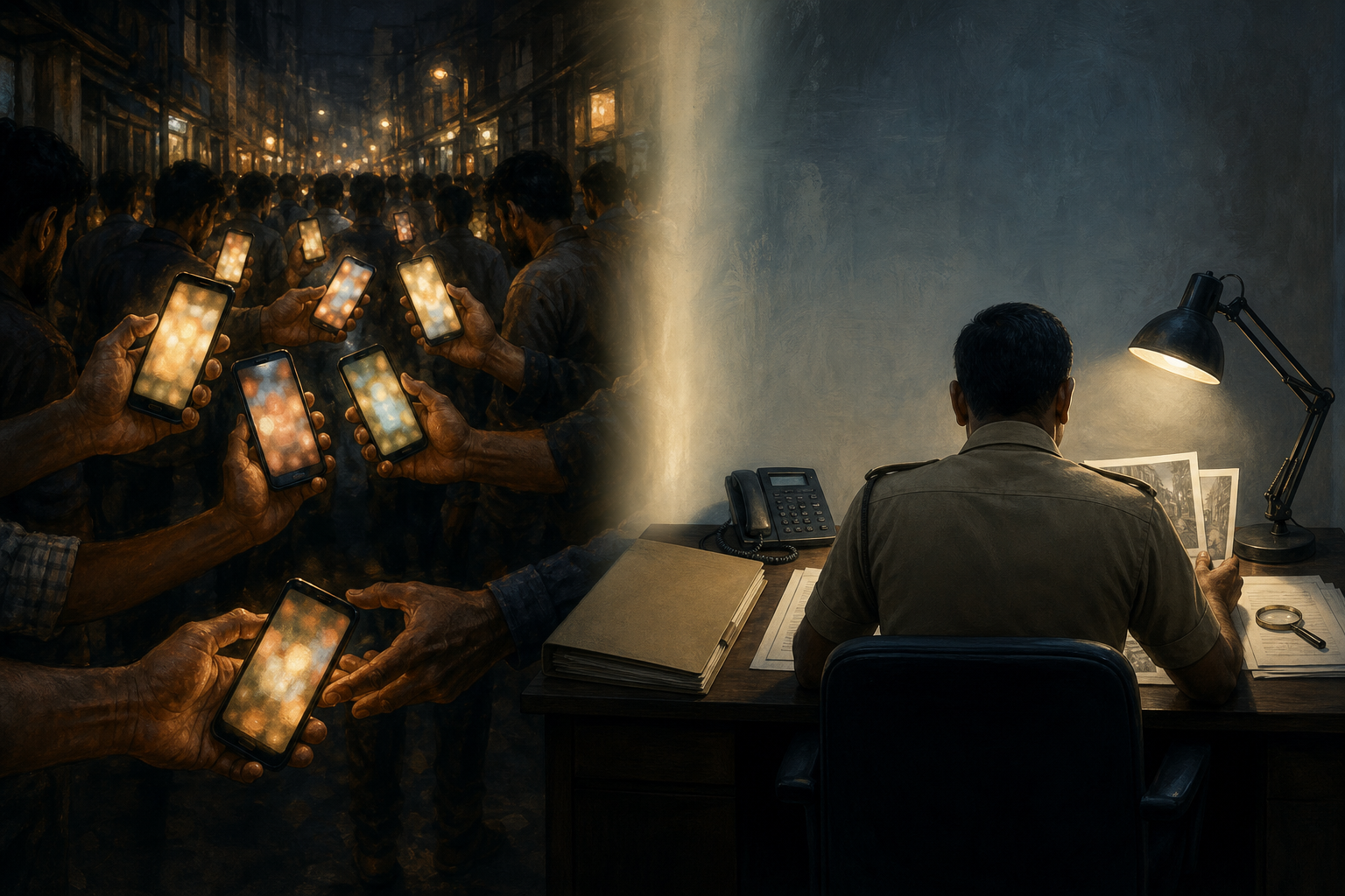Anonymous people pass glowing phones in a crowded lane beside a quiet official desk where records are being reviewed.
