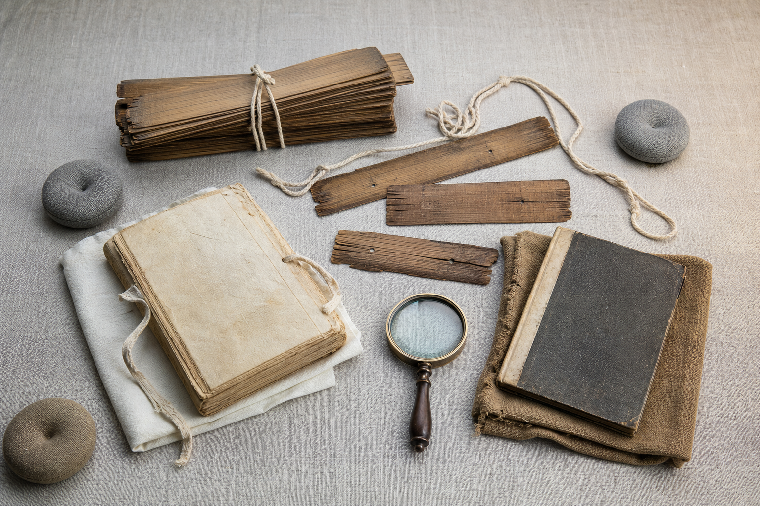 An archival table holds an incomplete palm-leaf bundle, detached folios, a handmade paper manuscript, and an early printed volume in different states of preservation.