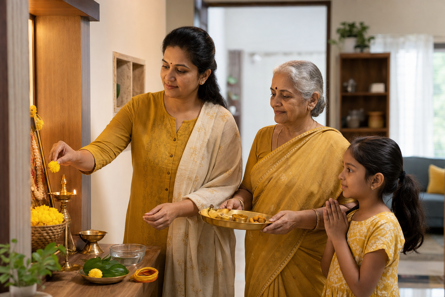 Three generations of a family gathered at a small home altar with a brass lamp, yellow flowers, fruit, medicinal leaves, and a protective thread.