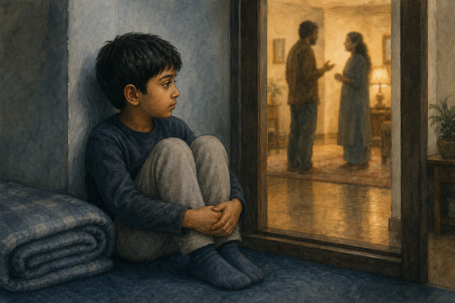 A child sits quietly in a sheltered bedroom nook while blurred adults have a tense conversation in another room.