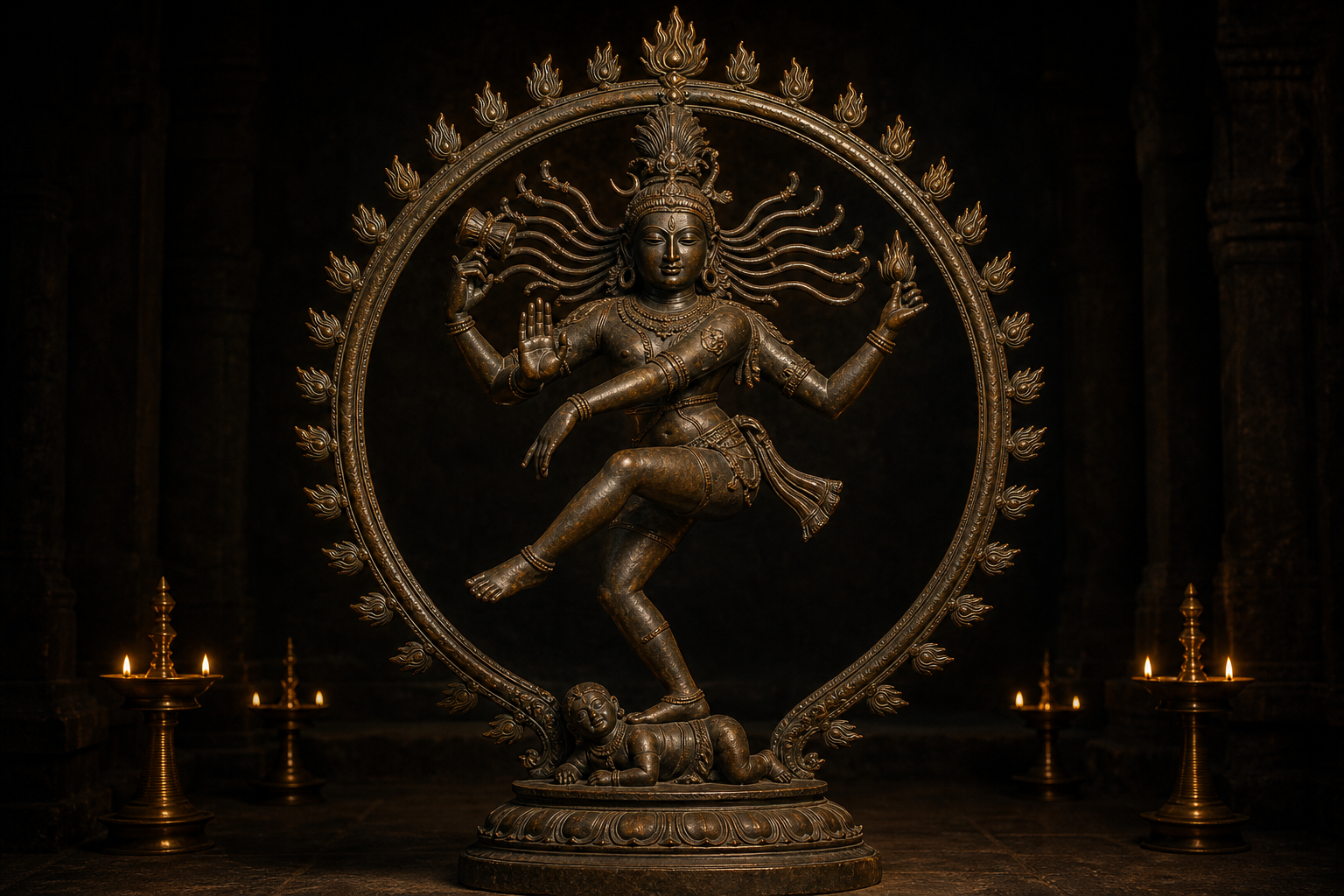 Bronze depiction of four-armed Shiva Nataraja dancing within a ring of flames, holding a drum and fire while one foot rests on Apasmara and the other is raised.