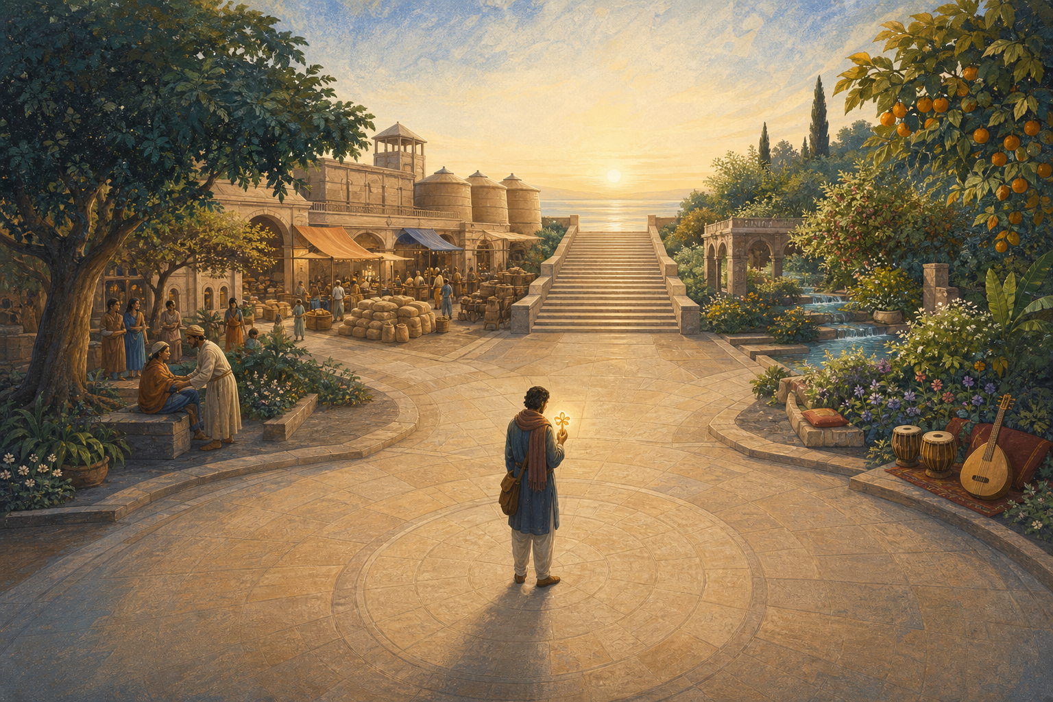 A traveler holding a small glowing four-petaled compass stands in a large courtyard that opens toward scenes of service, material provision, pleasure, and a luminous horizon.